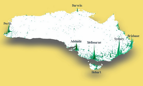 A map of Australia set against a yellow background to illustrate population densities throughout the country.