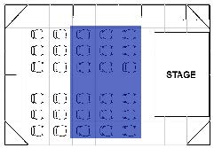 A diagram of seating in an event space. The seating in the middle is shaded blue.